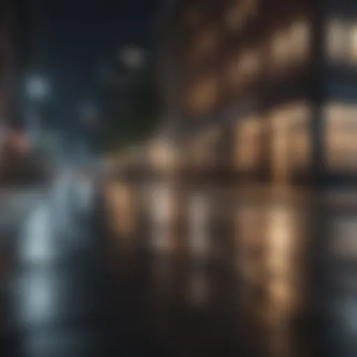 A quiet city street illuminated by streetlights at night