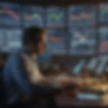 Investor analyzing trading symbols on multiple screens