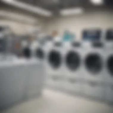 A well-organized display of laundry appliances featuring major brands.