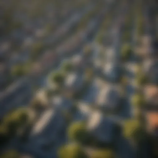 Aerial view of a diverse neighborhood showcasing various property types.