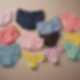 A selection of colorful period underwear displayed on a flat surface, showcasing various styles and materials.