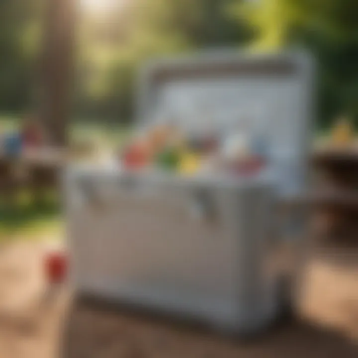 An outdoor scene demonstrating users enjoying beverages from a cooler during a picnic.