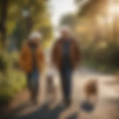 Senior couple with their dog enjoying a sunny day