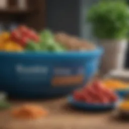 A bowl filled with PetSmart Blue Basics pet food surrounded by fresh ingredients