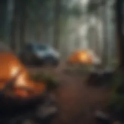 A serene campsite nestled in a lush forest with a tent and campfire.