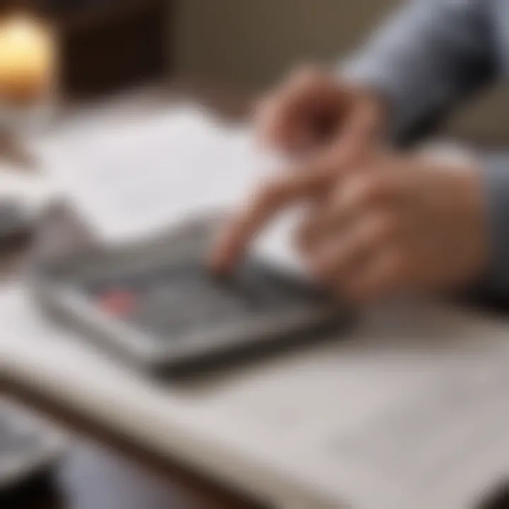 A person reviewing documents with a calculator and notes