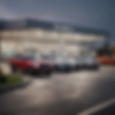 A scenic view of a car dealership with potential buyers looking at vehicles