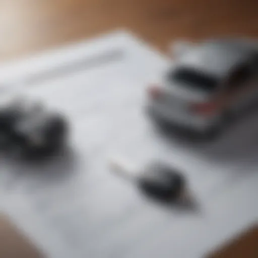 A close-up of a car key and insurance documents on a table