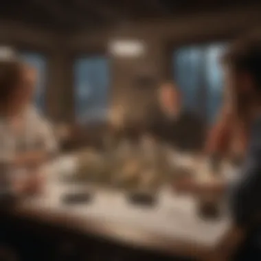 Group discussion around a table with various commercial property listings