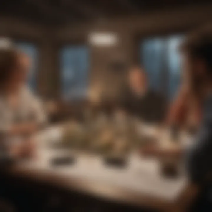 Group discussion around a table with various commercial property listings