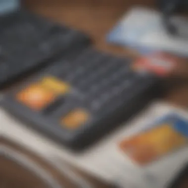 A close-up of a calculator and credit cards on a desk.