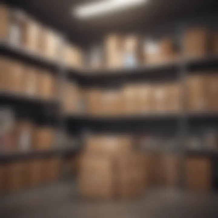 An organized storage unit filled with neatly arranged boxes and household items.