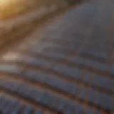 Aerial view of a solar farm with panels producing renewable energy.