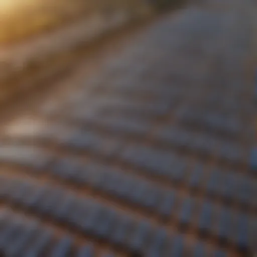 Aerial view of a solar farm with panels producing renewable energy.