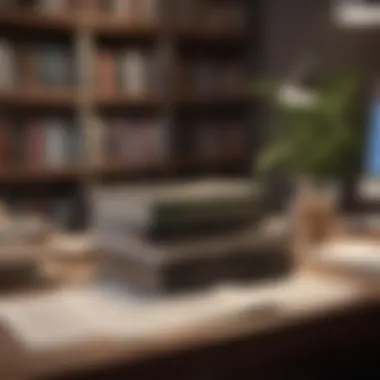 A serene workspace with financial books and a laptop