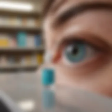 A bottle of Restasis eye drops with a blurred background of a pharmacy shelf.