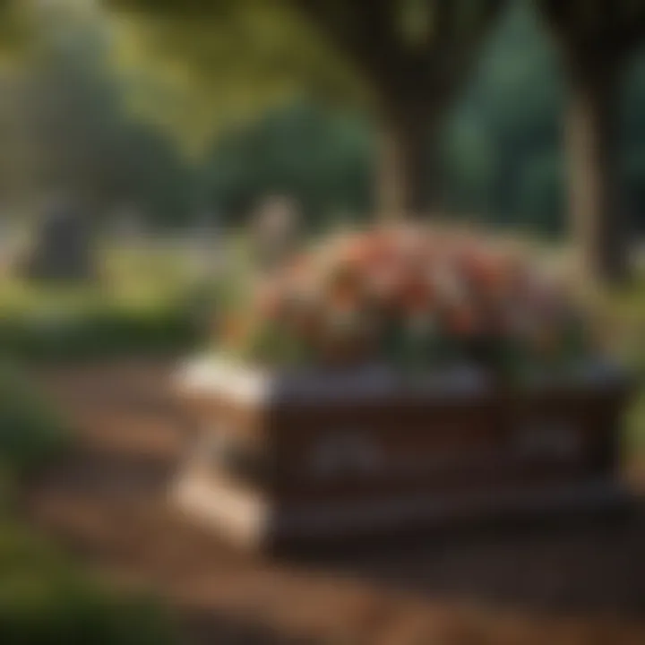 A peaceful setting for a traditional burial with flowers and a casket