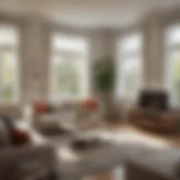 A spacious living room set up for an open house event, showcasing inviting decor and natural light.