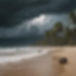 A serene beach with dark clouds indicating a looming hurricane